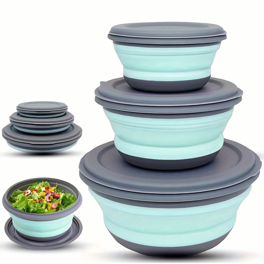 3 Foldable Silicone Camping Bowls with Lids – Blue & Pink