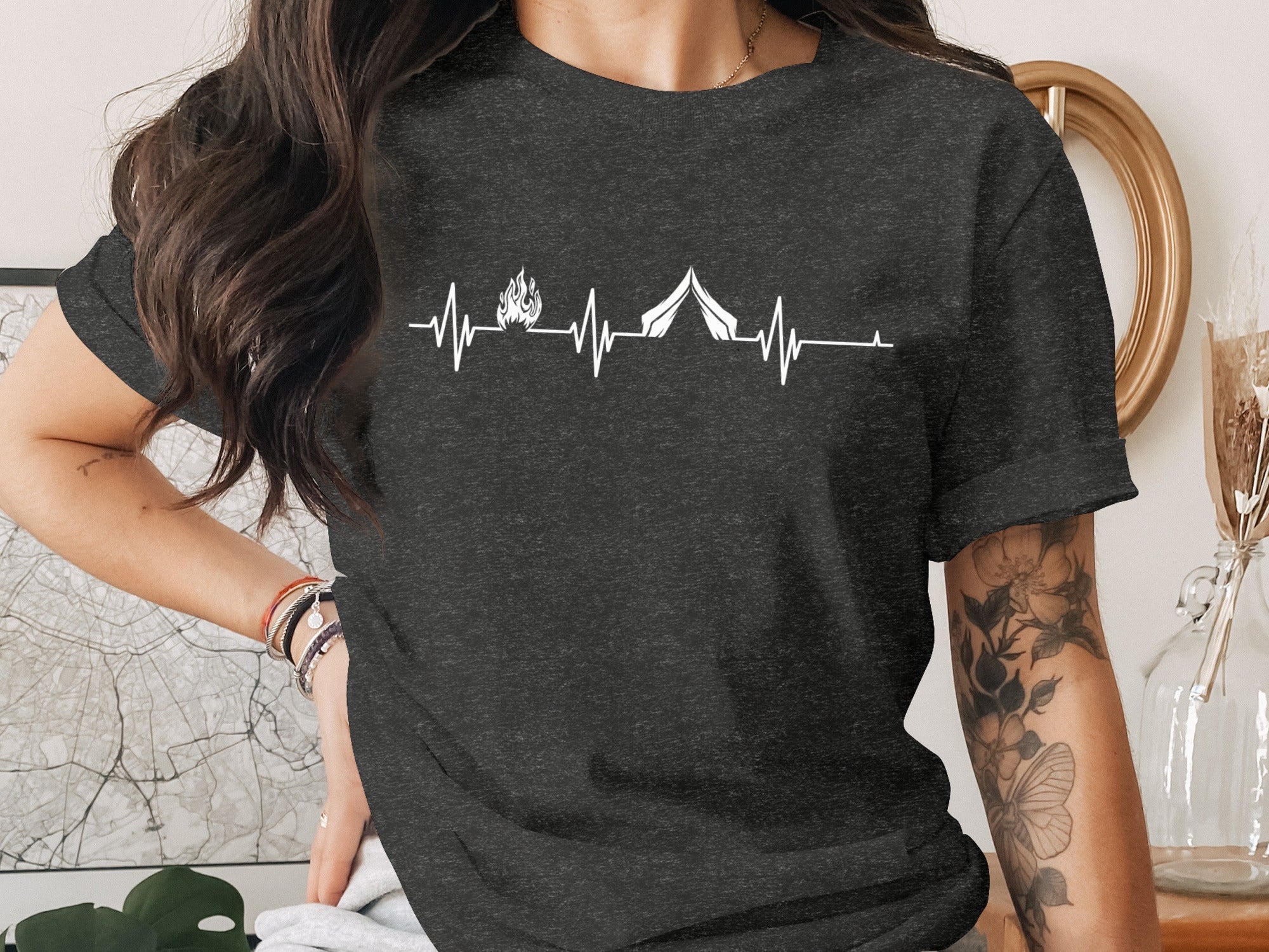 Camping Heartbeat With Tent Plus Fire Summer Camp T-Shirt
