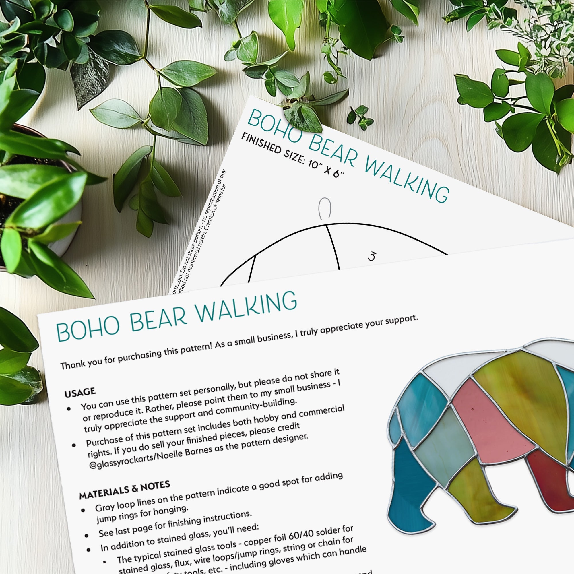 Boho Walking Bear Stained Glass Pattern PDF & PNG