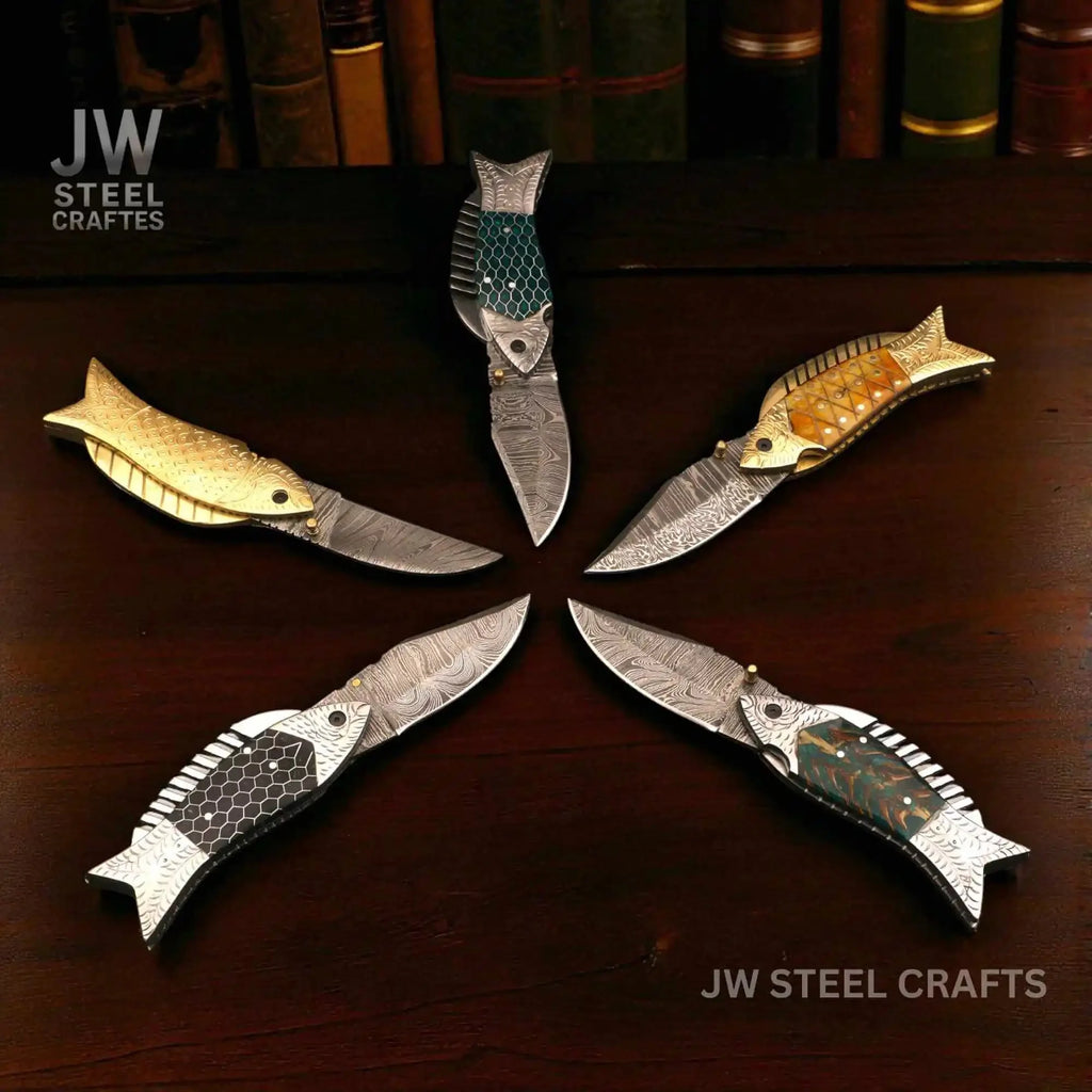 Fish-Style Damascus Folding Knife | 5 Color Variants | Hand-Engraved Collectible by JW SteelCrafts