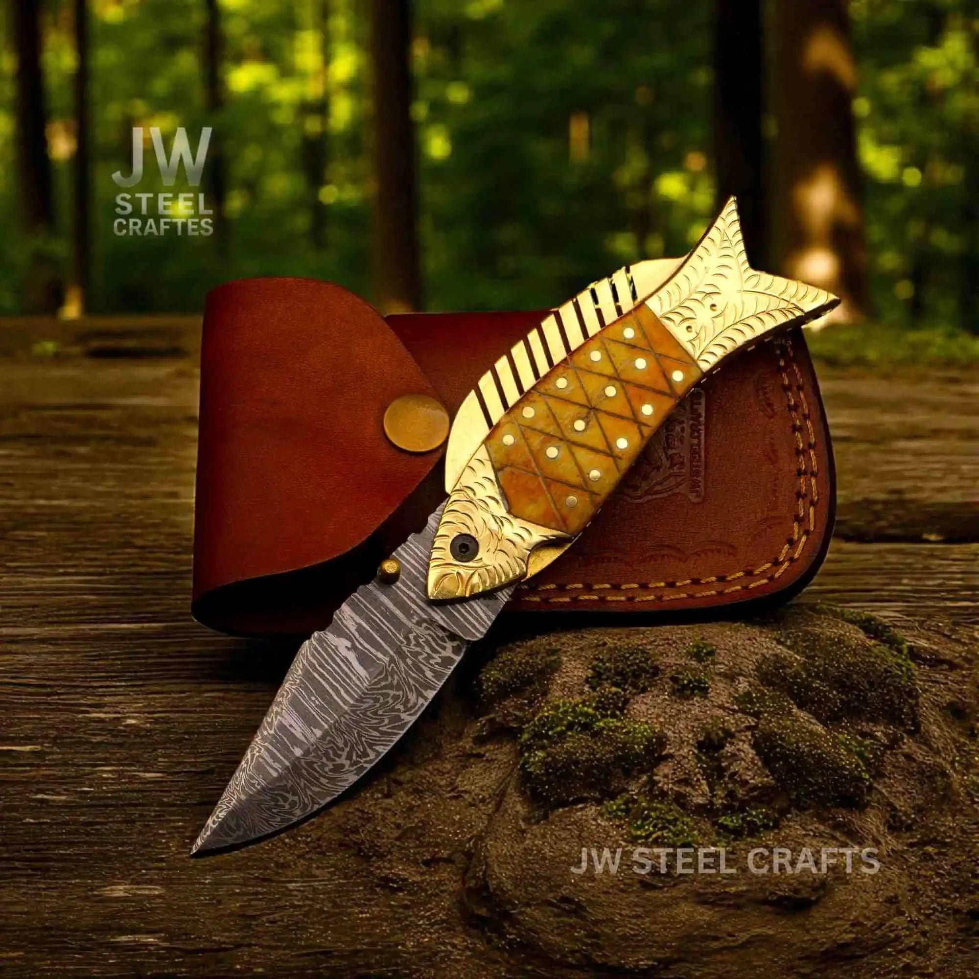 Fish-Style Damascus Folding Knife | 5 Color Variants | Hand-Engraved Collectible by JW SteelCrafts
