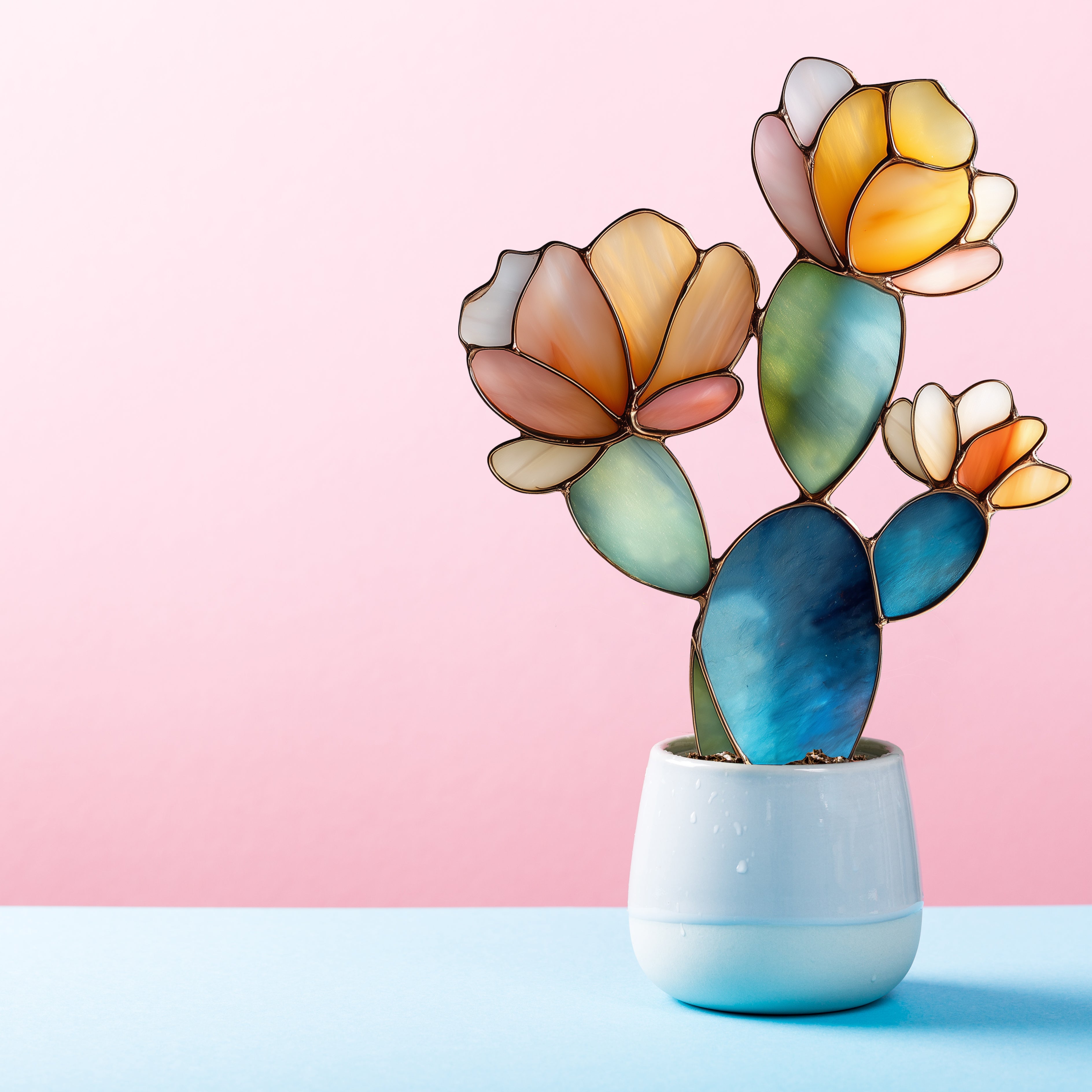 Flowering Cactus Stem Stained Glass Pattern and PNG