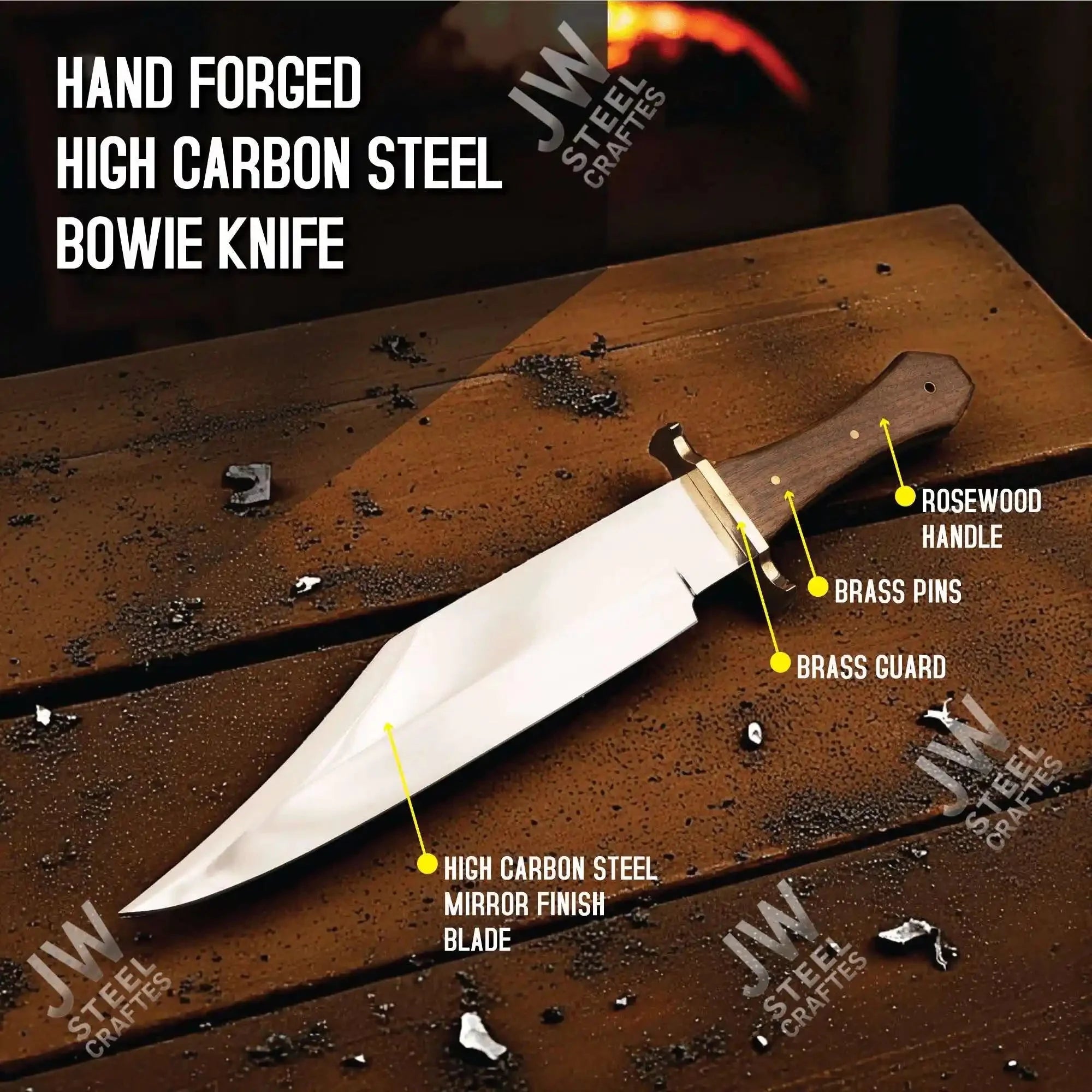 Clip Point High Carbon Steel Bowie Knife, Hand Forged, Rosewood Handle