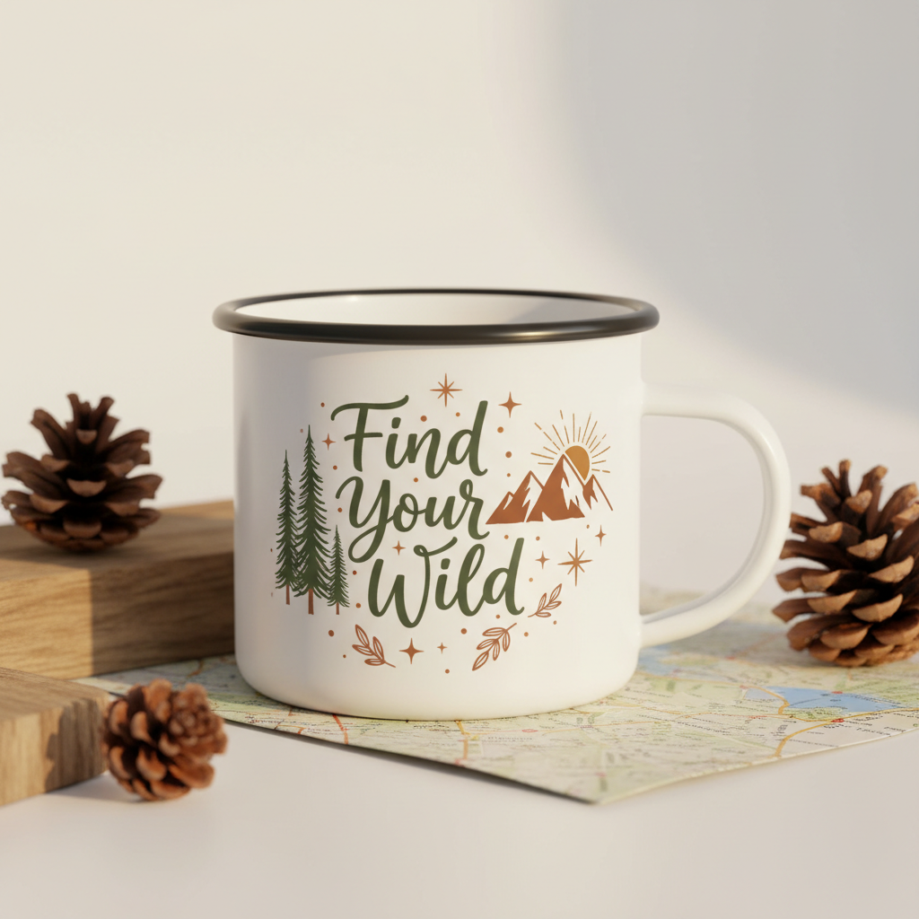White enamel camping mug with Find Your Wild hand-lettered design and nature illustrations